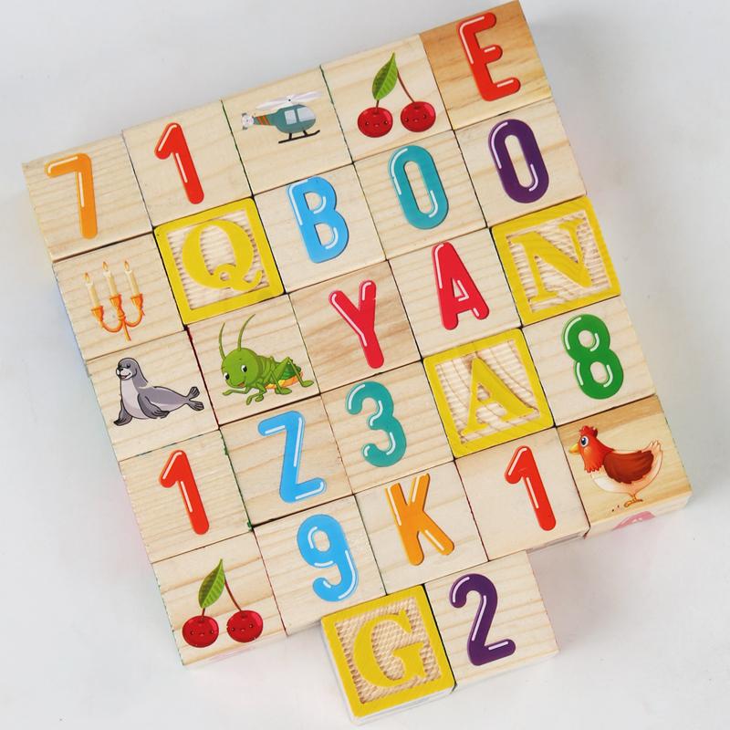 Wooden blocks showing letters numbers and illustrated objects