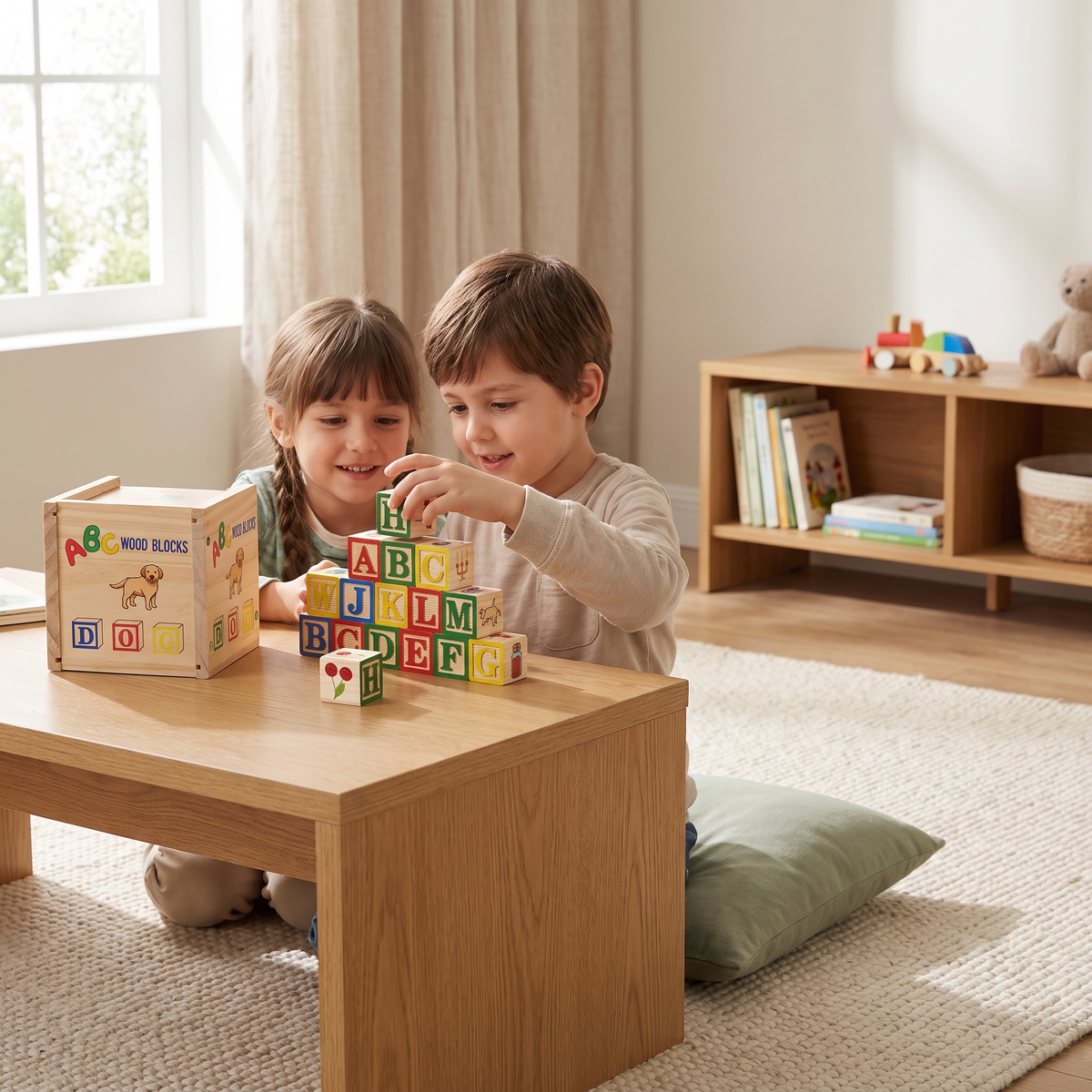AI-generated lifestyle scene of children building with ABC blocks