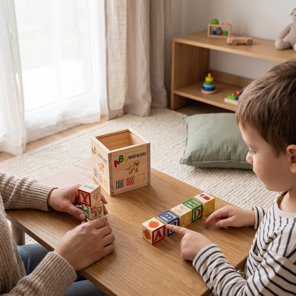 AI-generated lifestyle scene of a child and parent exploring ABC blocks
