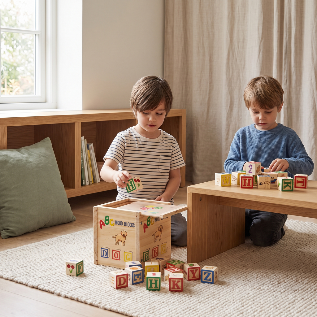 AI-generated lifestyle scene of children packing ABC blocks into the wooden box